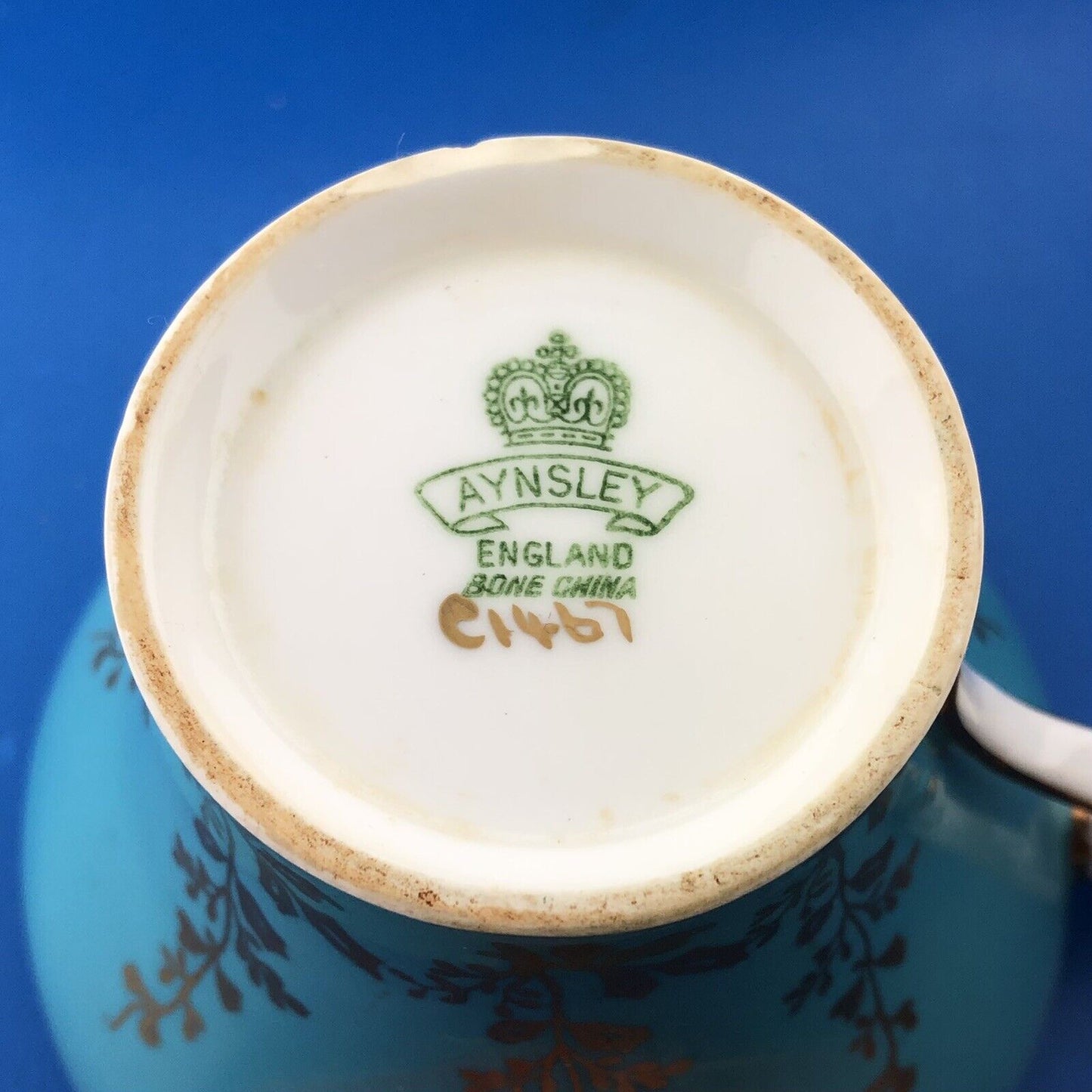 Aynsley English Bone China Aqua Turquoise Gold Floral Vine Tea Cup/Saucer