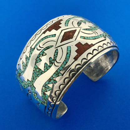 Native American Sterling Silver Turquoise Coral Inlay Storyteller Cuff Bracelet