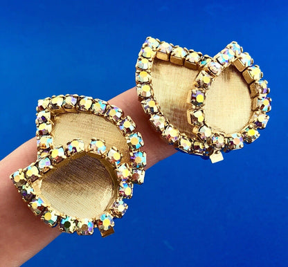 Fantastic Mid Century Gold Tone Florentine Aurora Borealis Rhinestone Earrings