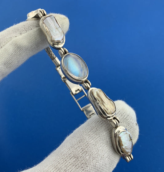Vintage 925 Sterling Silver Moonstone Mabe Pearl Panel Statement Bracelet
