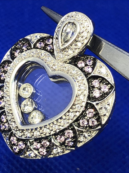 Meda White and Pink Tourmaline 925 Sterling Silver Heart Floater Pendant