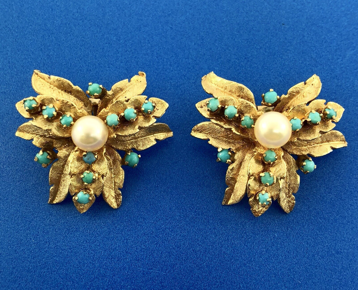 Vintage 14K Yellow Gold Pearl Turquoise Leaf Design Statement Clip Earrings