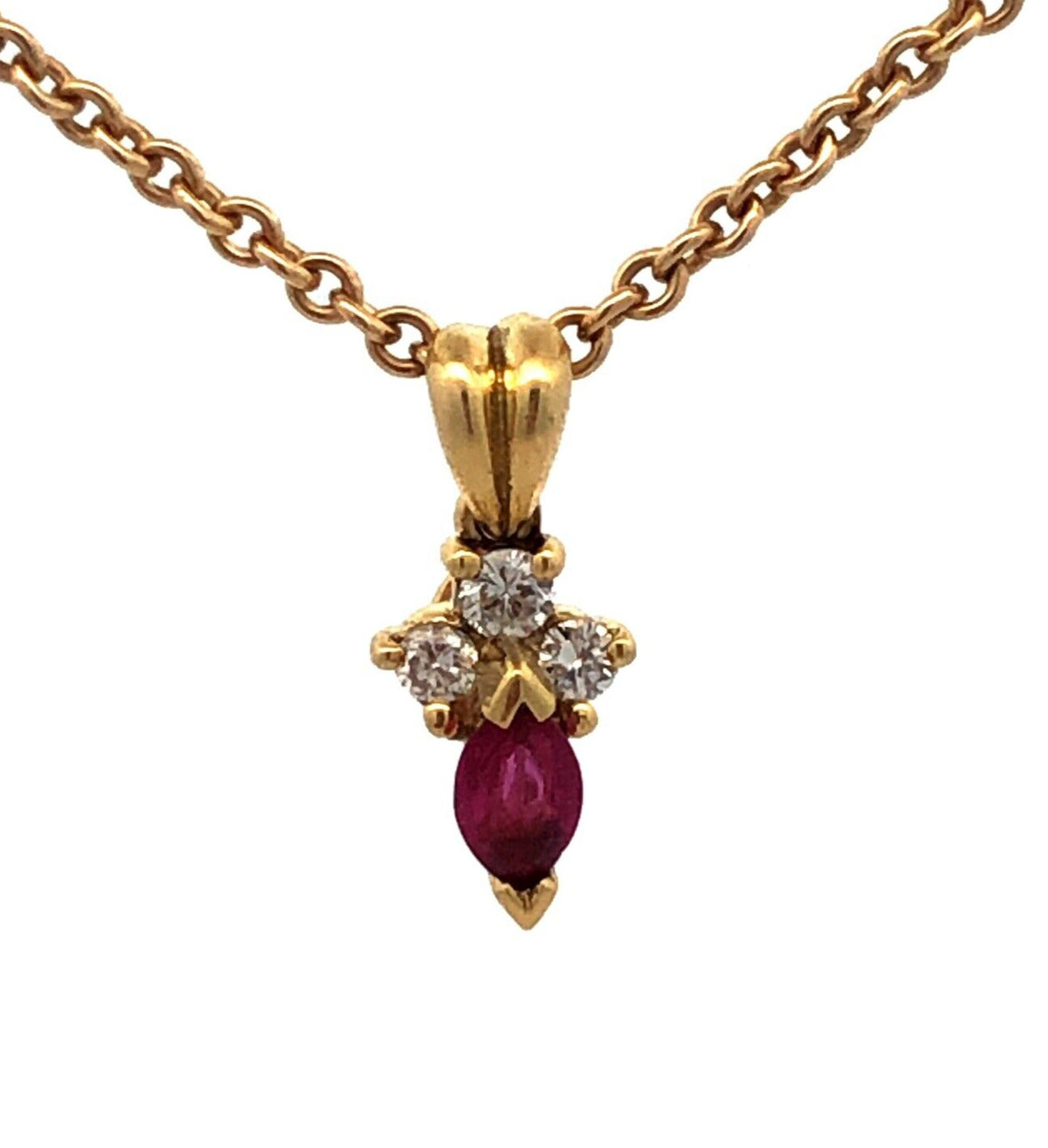 Estate 14K Yellow Gold Marquise Ruby Diamond Accented Pendant Chain Necklace