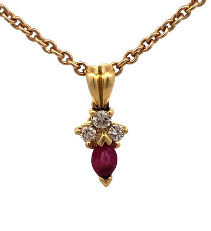 Estate 14K Yellow Gold Marquise Ruby Diamond Accented Pendant Chain Necklace