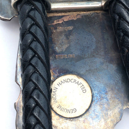 Native American Thomas Singer 925 Sterling Silver Dancer Black Leather Bolo Tie