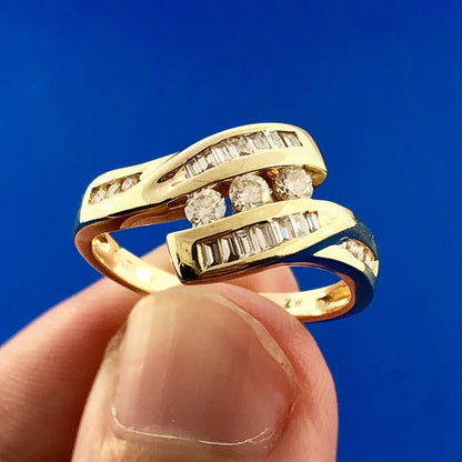 Retro Modernist 14K Yellow Gold Diamond Trio Accented Bypass Anniversary Ring