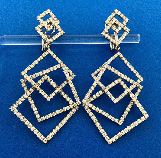 Statement Modernist 18k White Gold Geometric Diamond Linked Square Drop Earrings