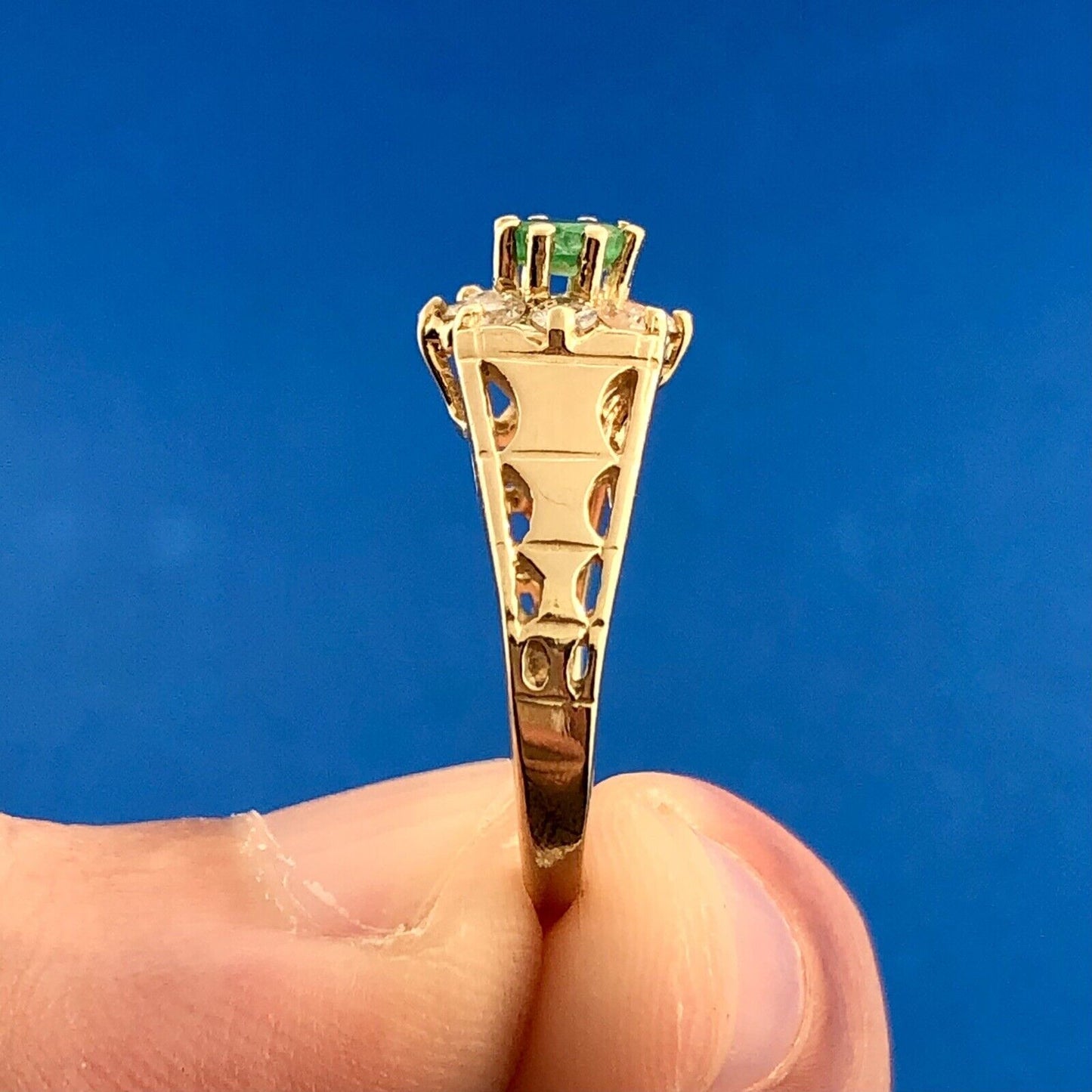 Modernist 14K Yellow Gold Emerald Diamond Halo Floral May Anniversary Ring