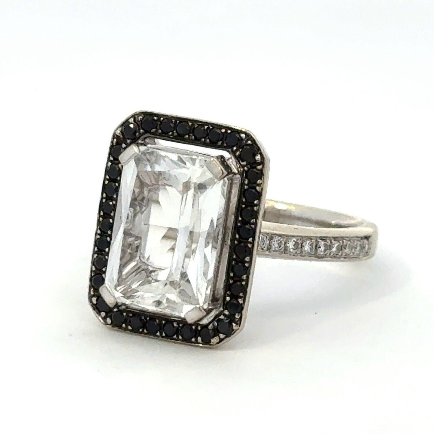 Designer 18K White Gold Emerald Cut White Topaz Black White Diamond Accent Ring