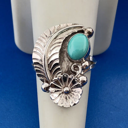 Native American Artisan Signed DG 925 Sterling Silver Turquoise Feather Ring