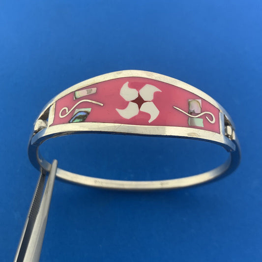 Mexico Silver Tone Enamel Mother of Pearl Abalone Childs Hinged Cuff Bracelet