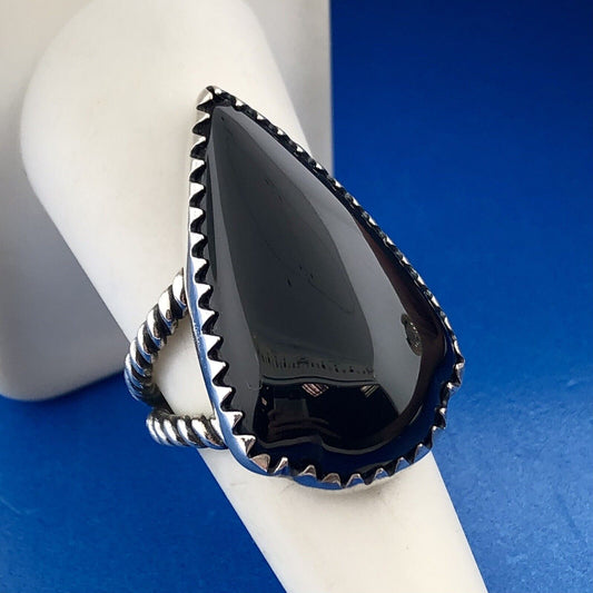 Vintage Sterling Silver 925 Black Onyx Teardrop Cabochon Statement Finger Ring