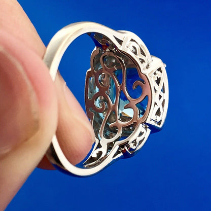 Stunning 14K White Gold Blue Topaz Diamond Aquamarine Accent Statement Ring