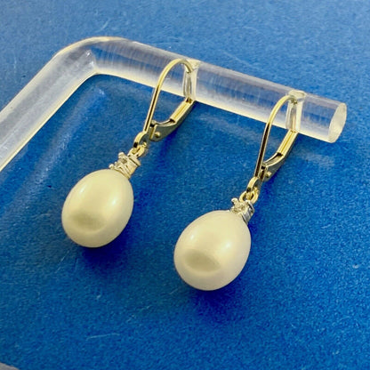 Designer 14K Yellow Gold Diamond Accent Pearl Dangle Lever Back Earrings