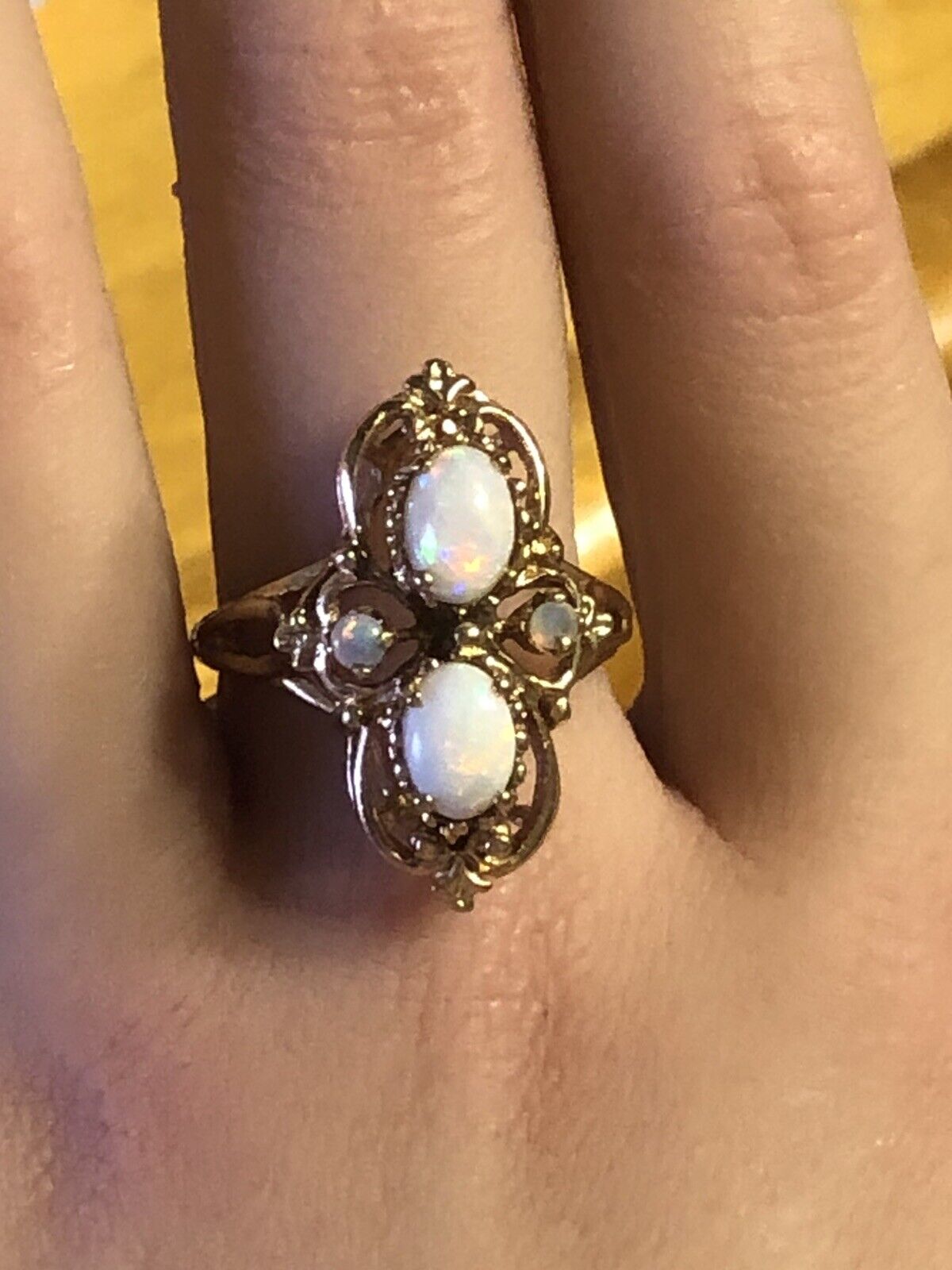 Vintage Art Deco Design 10K Yellow Gold Opal Statement Cocktail Ring