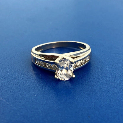 14K White Gold Diamonique Cubic Zirconia Oval Solitaire Accents Engagement Ring