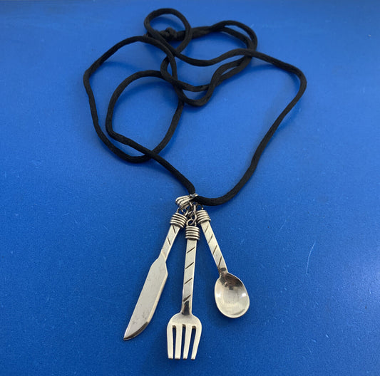 Taxco Mexico 925 Sterling Silver Knife Spoon Fork Cord Necklace