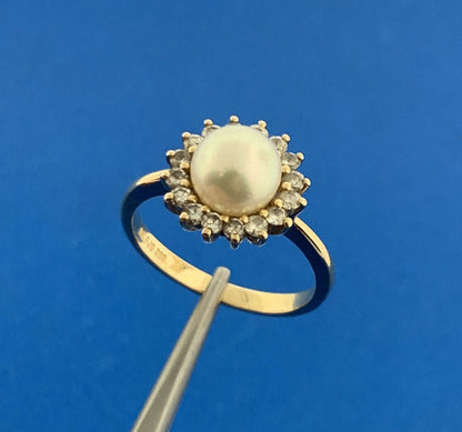 Designer 14K Yellow Gold Pearl Solitaire Diamond Halo June Anniversary Ring