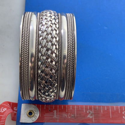 Sterling Silver 925 Basket Weave Ribbed Polished Wide Statement Cuff Bracelet
