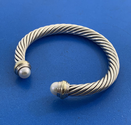David Yurman Sterling Silver 14K Gold Pearl Cable Classics 7 mm Cuff Bracelet