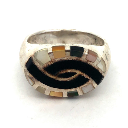 Estate 925 Sterling Silver Black Onyx Mother of Pearl Inlay Oval Signet Ring