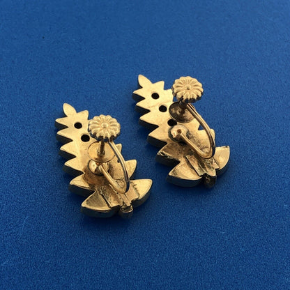 Vintage 14k Yellow Gold Onyx Inlay Seed Pearl Fern Leaf Screw Back Earrings