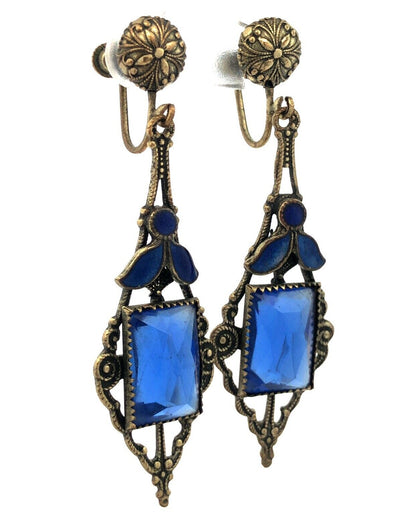 Antique Silver Tone Blue Glass Enamel Floral Scroll Dangle Screw Back Earrings