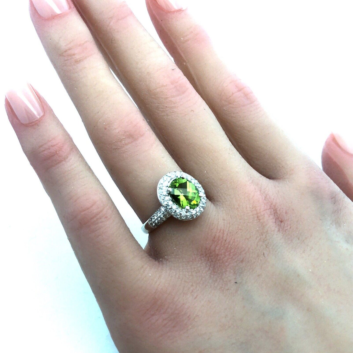 Designer EMA 14K White Gold Oval Cushion Cut Peridot Diamond Halo Cocktail Ring