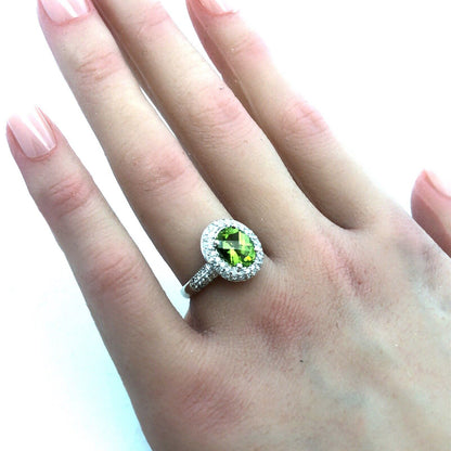 Designer EMA 14K White Gold Oval Cushion Cut Peridot Diamond Halo Cocktail Ring