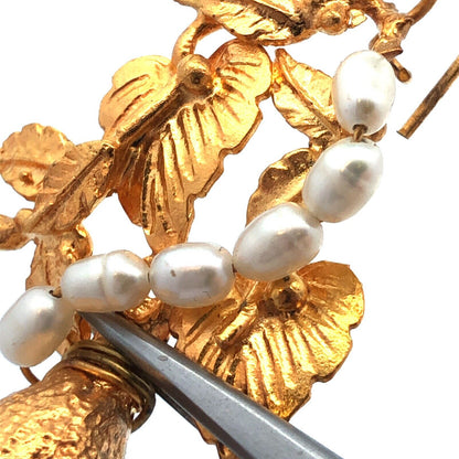 Estate Gold Tone Peach Quartz Rice Pearl Leaf & Vine Statement Drop Earrings