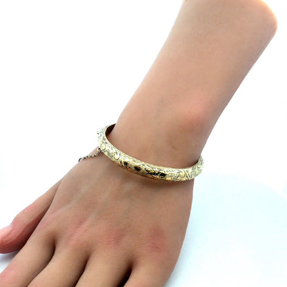 Art Nouveau Siam Sterling Silver Vermeil Etched Scroll Hinged Bangle Bracelet