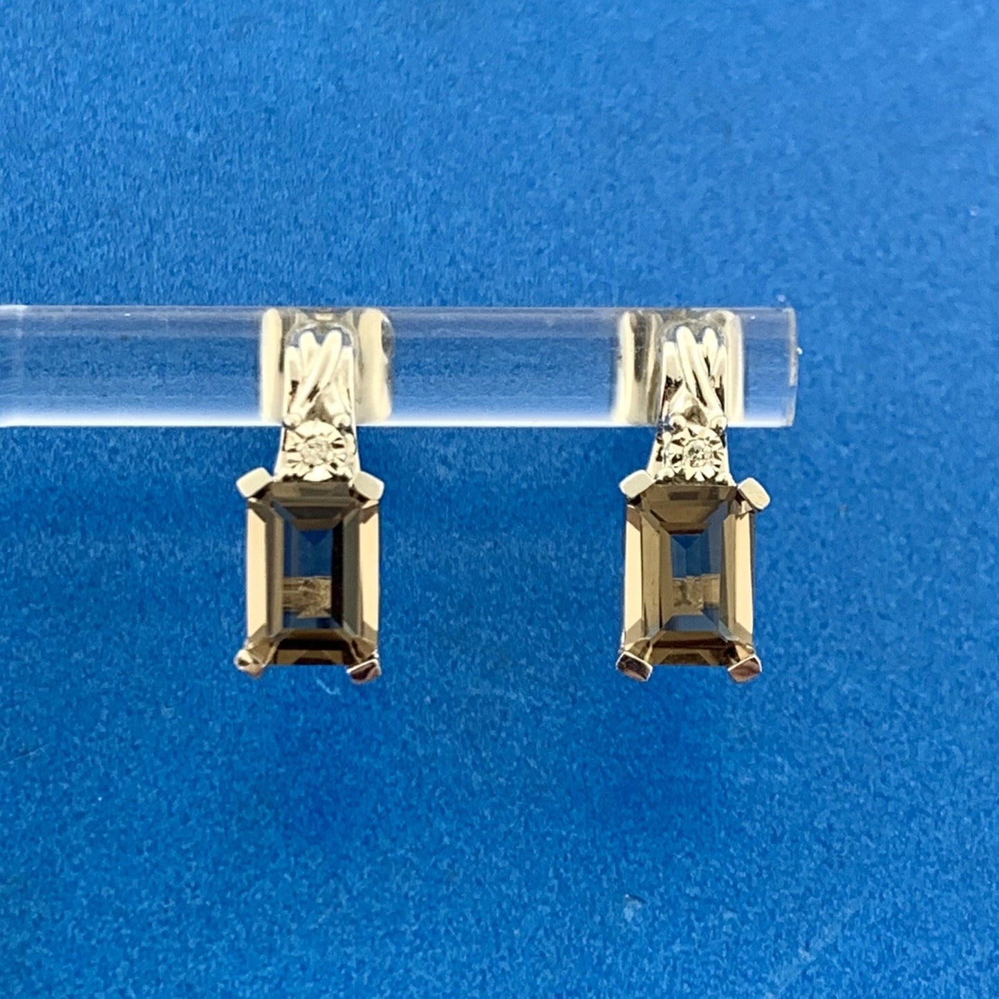 Designer 10K White Gold Rectangle Smoky Quartz Diamond Accented Stud Earrings