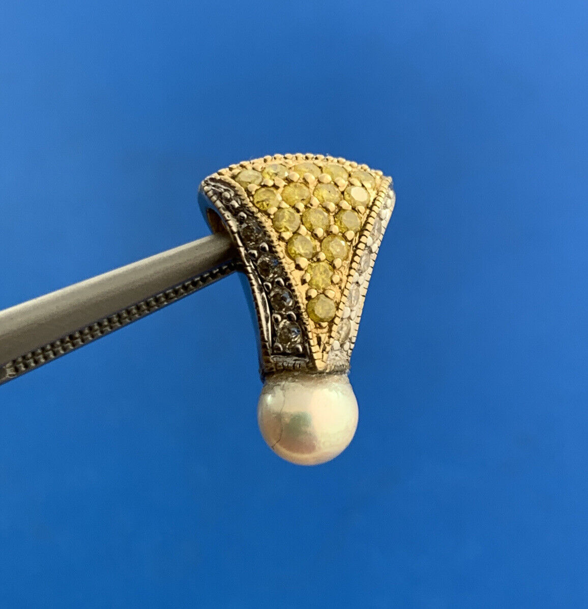 Designer 14K Yellow Gold Pearl Canary White Diamond Slide Pendant