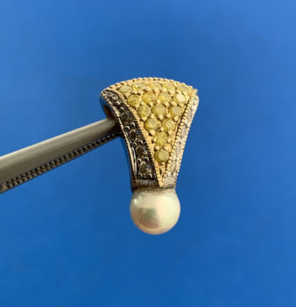 Designer 14K Yellow Gold Pearl Canary White Diamond Slide Pendant