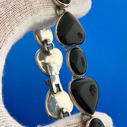 Vintage Taxco Mexico 925 Sterling Silver Black Onyx Heart Oval Panel Bracelet