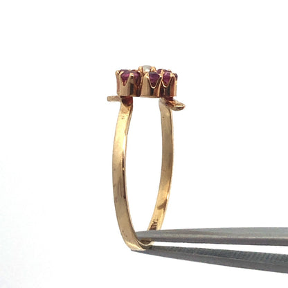 Vintage 14K Yellow Gold Ruby Pearl Flower Cluster July Sweetheart Bypass Ring