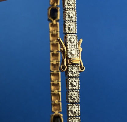 Sterling Silver 925 Vermeil Oval Blue Sapphire Diamond Illusion Tennis Bracelet
