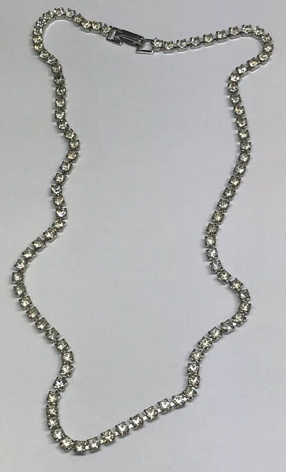 Vintage Art Deco Silver Tone Bezel Set Crystal Rhinestone Necklace