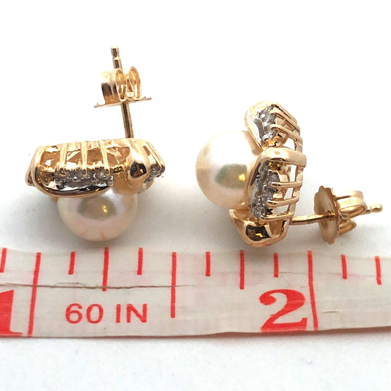 Designer 14K Yellow Gold Pearl Diamond Halo Statement Stud Earrings