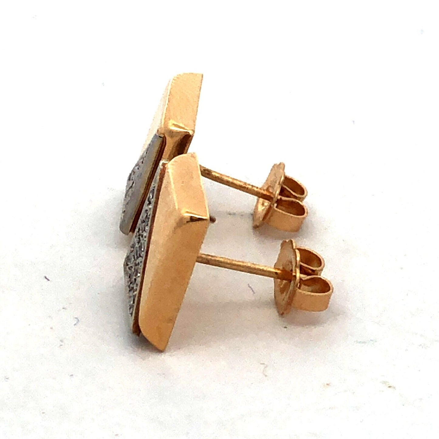 Designer JW 14K Yellow Gold Diamond Square Retro Modernist Stud Earrings