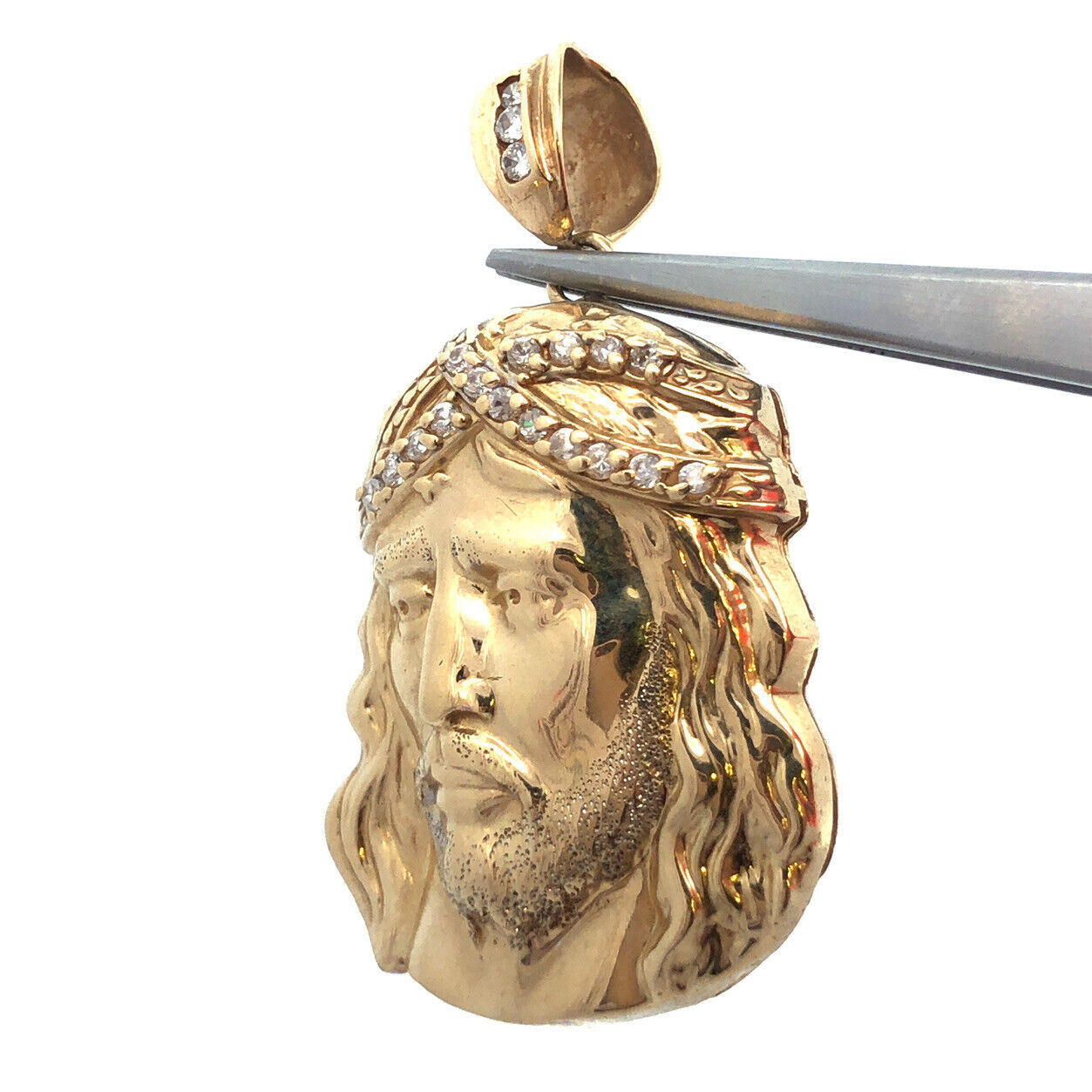 Designer 10K Yellow Gold Cubic Zirconia CZ Statement Christ's Head Pendant