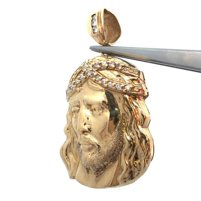 Designer 10K Yellow Gold Cubic Zirconia CZ Statement Christ's Head Pendant