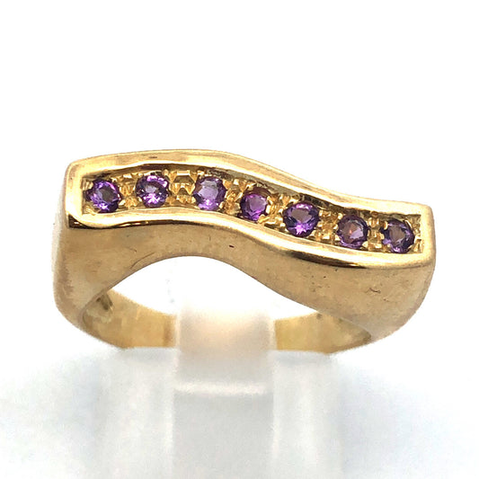 Modernist 14k Yellow Gold Italy Curved Amethyst February Anniversary Band Ring