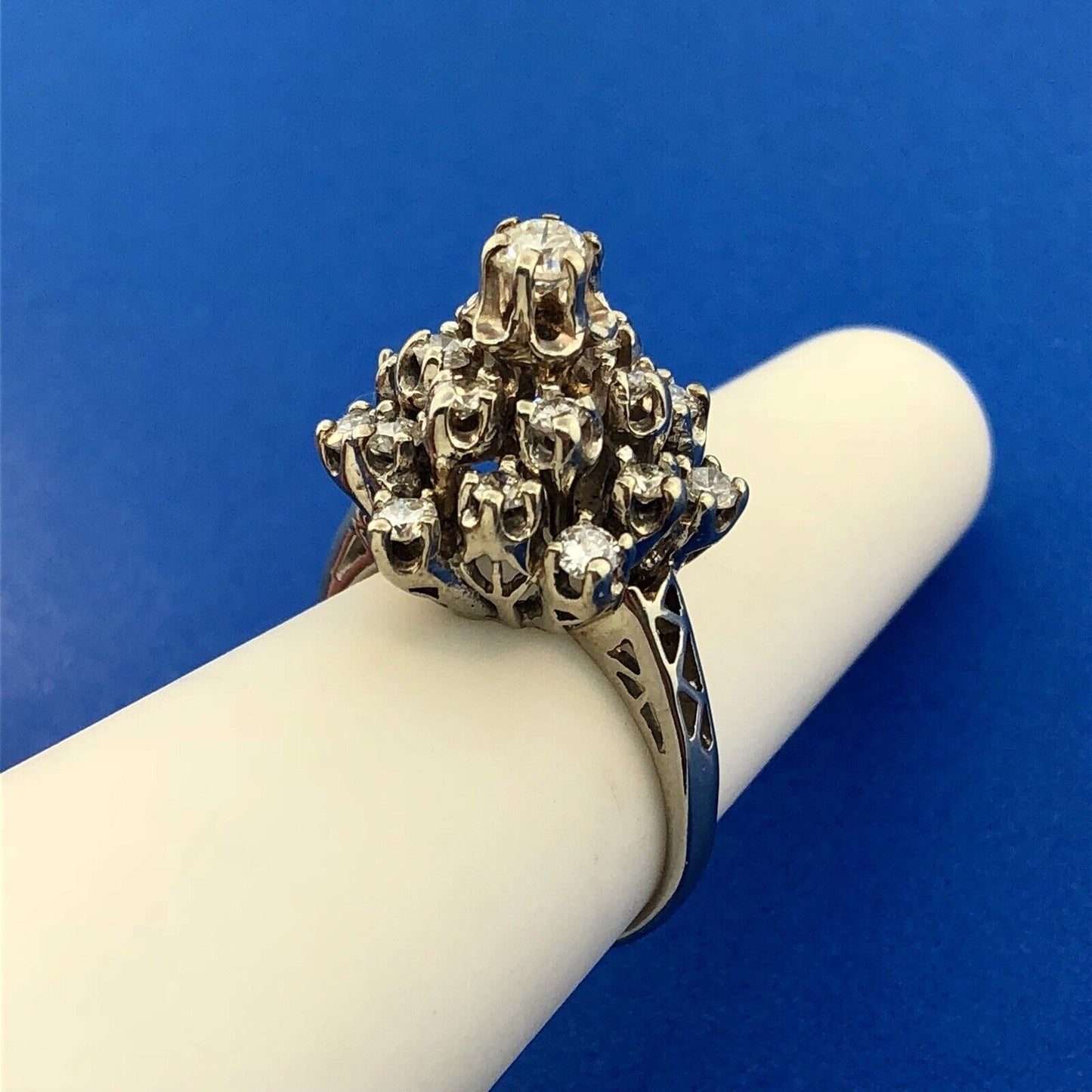 Estate 14K White Gold Diamond Star Cluster Princess Style Cocktail Ring