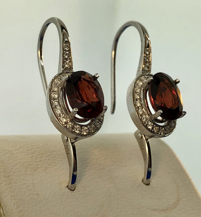 Gorgeous 18k White Gold Oval Red Garnet Diamond Halo Leverback Drop Earrings