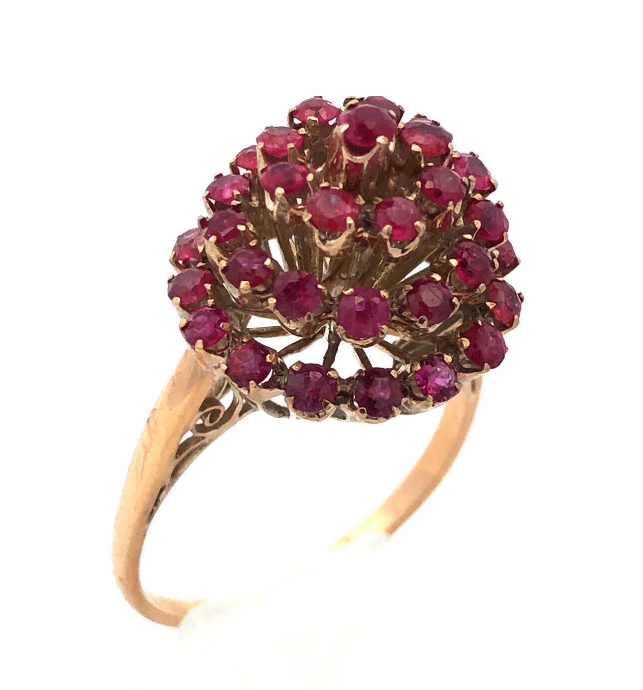 Vintage 10K Yellow Gold Ruby Cluster Swirl Princess Empire Cocktail Ring