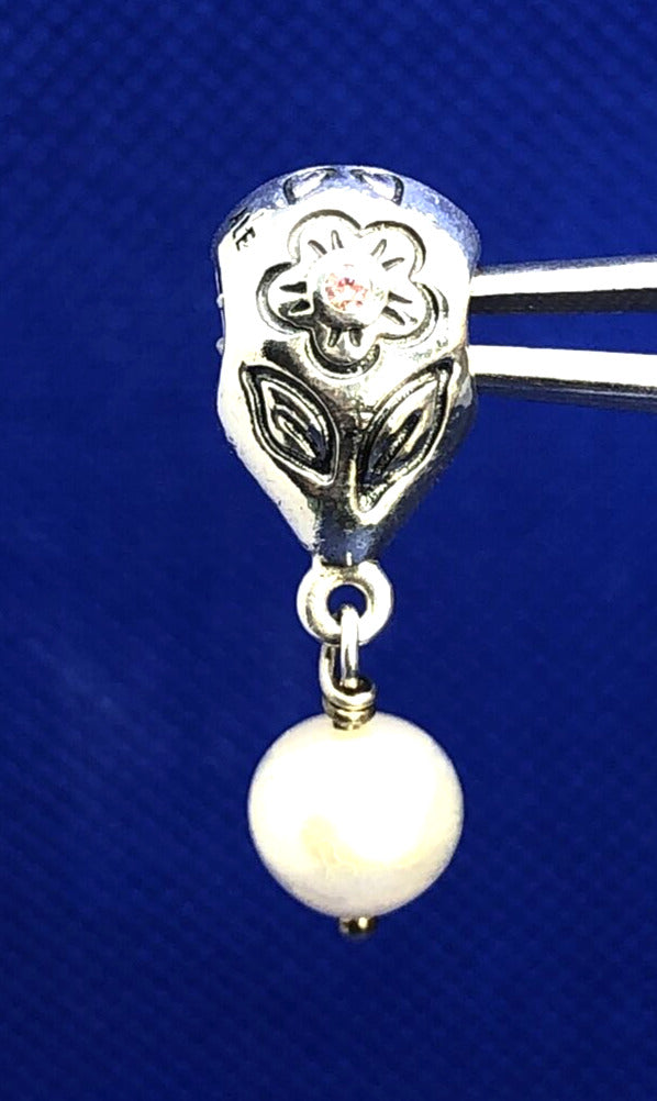 Retired PANDORA ALE 925 Silver Pink CZ Flower Pearl Dangle Charm 790546