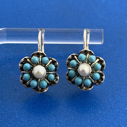 Designer By Simon Sterling Silver Turquoise Pearl Flower Lever Back Earrings