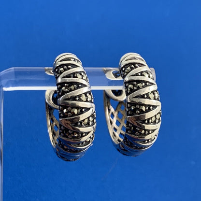 Designer 925 Sterling Silver Marcasite Basket Weave Hoop Earrings