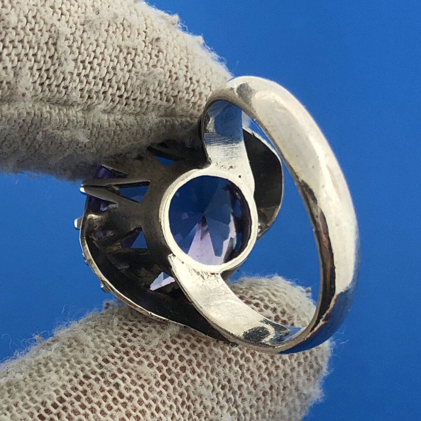 Modernist Artisan Sterling Silver 925 Purple Sapphire Dramatic Statement Ring